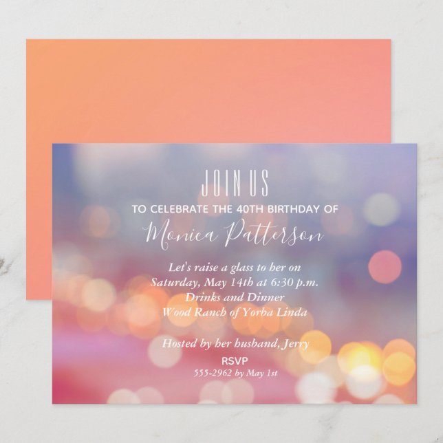 Colorful Pink to Blue Bokeh Birthday Invitations (Front/Back)