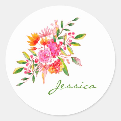 Colorful Pink Watercolor Floral Art Personalized  Classic Round Sticker
