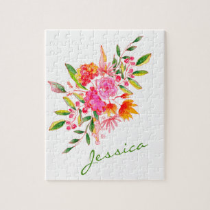 Colorful Pink Watercolor Floral Art Personalized Jigsaw Puzzle