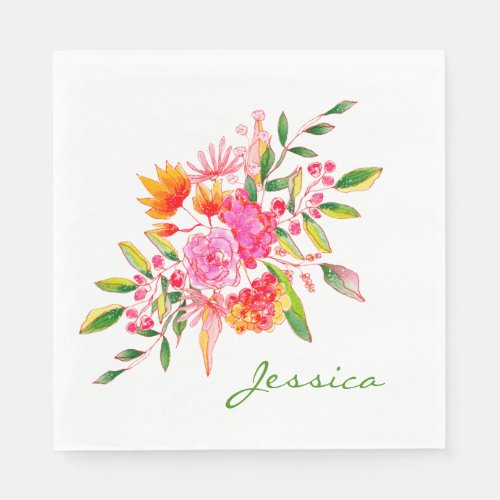 Colorful Pink Watercolor Floral Art Personalized   Napkins