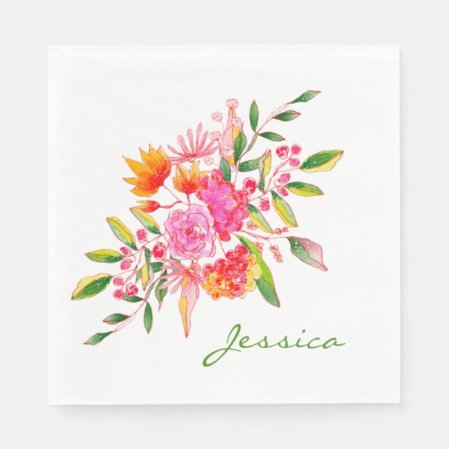 Colorful Pink Watercolor Floral Art Personalized   Napkins (Front)