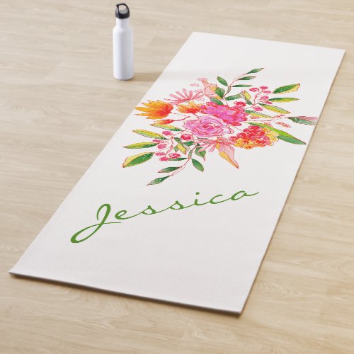 Colorful Pink Watercolor Floral Art Personalized Yoga Mat