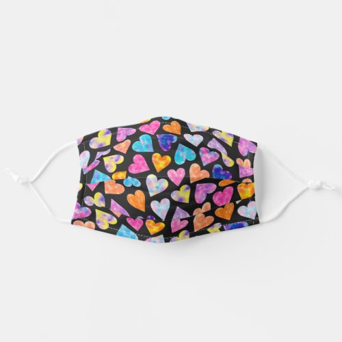 Colorful pink watercolor hearts pattern cute black adult cloth face mask