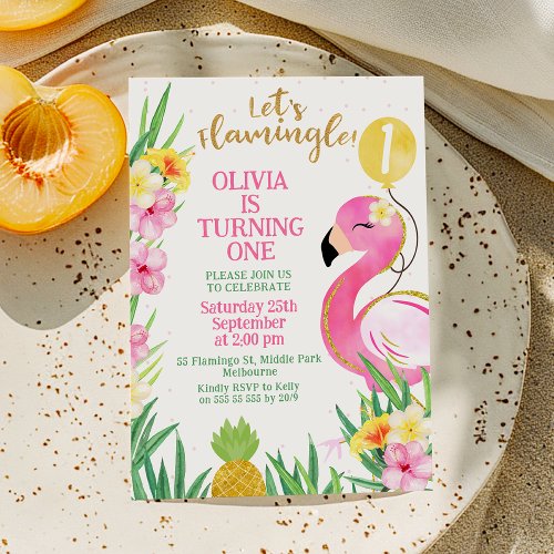 Colorful Pink Watercolor Lets Flamingle Birthday Invitation