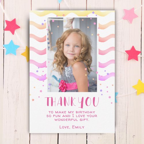Colorful Pink Waves Birthday Kids Girl Photo Thank You Card