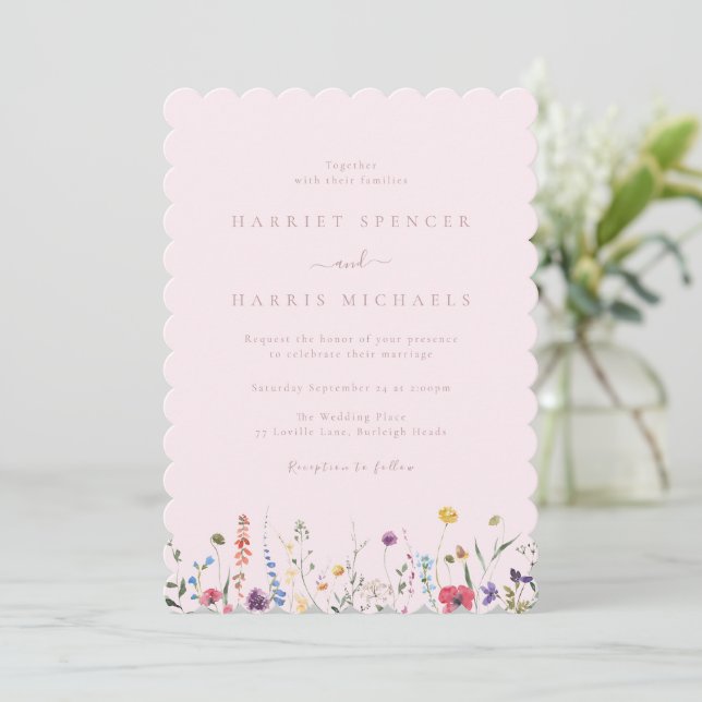 Colorful Pink Wildflowers Pretty Wedding Invitation (Standing Front)