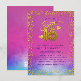 Colorful Pink with Sweet 16 Gold Balloons Invitation