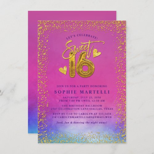 Colorful Pink with Sweet 16 Gold Balloons  Invitation