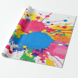 Colorful Pink, Yellow, and Blue Splatter Paint Pat Wrapping Paper