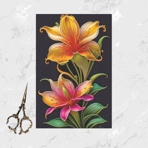Colorful Pink Yellow Lily Botanical Illustration Tissue Paper