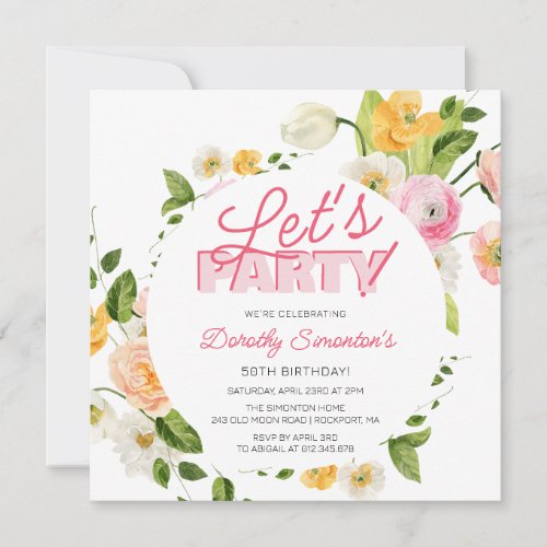 Colorful Pink Yellow Spring Flowers 50th Birthday Invitation