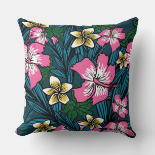 Colorful Pink Yellow Teal Polynesian Floral Pillow