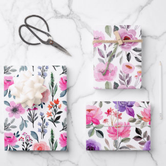 Colorful Pinks and Purple Watercolor Floral Wrapping Paper Sheets