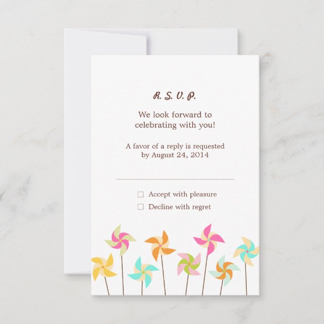 Colorful Pinwheel Themed Wedding RSVP Card (Front)
