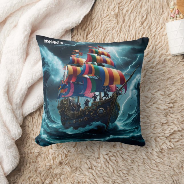 Colorful Pirate Ship Battling Stormy Seas Throw Pillow (Blanket)