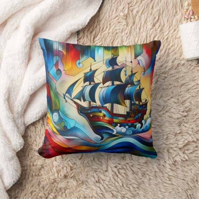 Colorful Pirate Ship in Abstract Waves Throw Pillow (Blanket)
