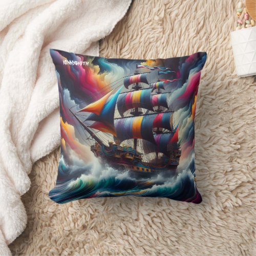 Colorful Pirate Ship Navigates Stormy Seas Throw Pillow