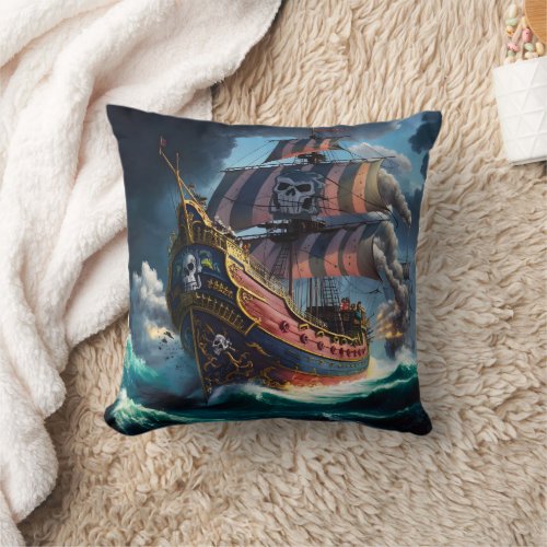 Colorful Pirate Ship Navigating Stormy Seas Throw Pillow