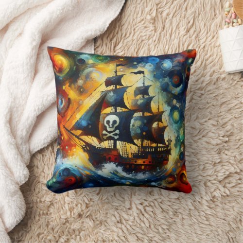 Colorful Pirate Ship Navigating Stormy Seas Throw Pillow