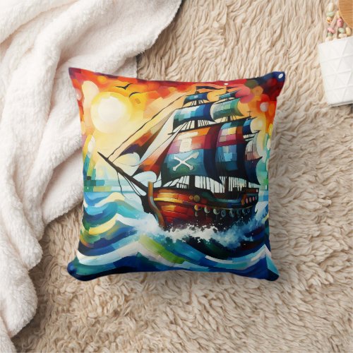 Colorful Pirate Ship Sailing at Sunset Throw Pillow