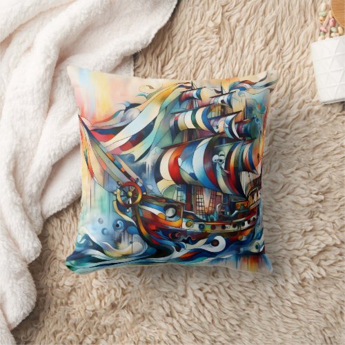 Colorful Pirate Ship Sailing Through Vibrant Waves Throw Pillow