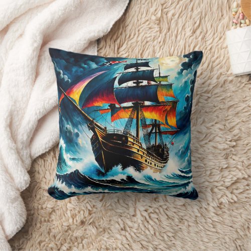 Colorful Pirate Ship Sailing Under A Full Moon Throw Pillow