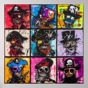 Colorful Pirate Skull Portraits Bold Graffiti grid Poster
