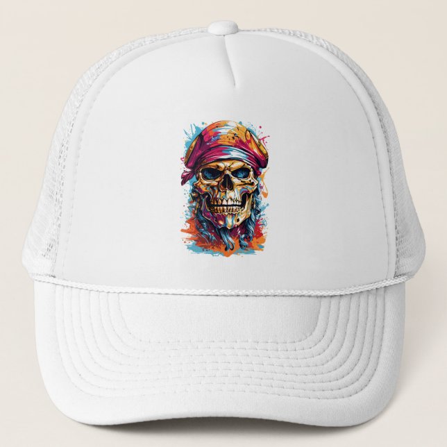 Colorful Pirate Skull Trucker Hat (Front)
