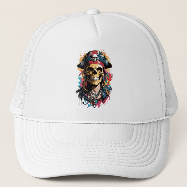 Colorful Pirate Skull Trucker Hat (Front)