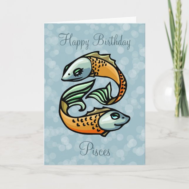 Colorful Pisces Fish on Blue Birthday Card (Front)