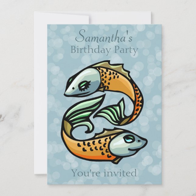 Colorful Pisces Fish on Blue Birthday Party Invitation (Front)