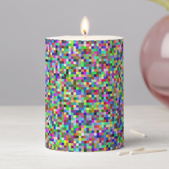 Colorful Pixel Squares Background Pattern Pillar Candle (In Situ)