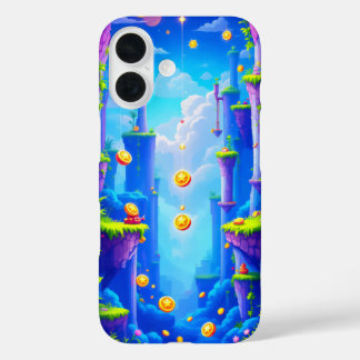 Colorful pixel world with floating platforms coins iPhone 16 case