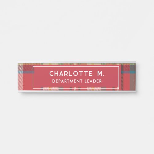 Colorful Plaid Classic Personalized Red Teachers Door Sign