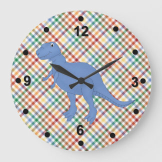 Colorful Plaid & Dinosaur Kid's Clock