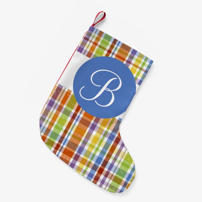 Colorful plaid monogram Christmas stocking (Front (Hanging))