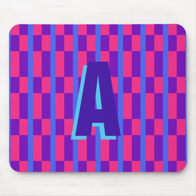Colorful plaid monogram pink blue mouse pad (Front)