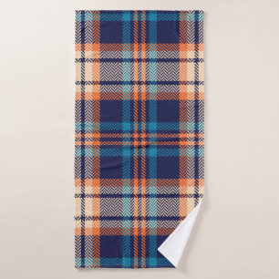 Colorful plaid pattern in blue, orange, beige. Her Bath Towel