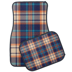 Colorful plaid pattern in blue, orange, beige. Her Car Floor Mat
