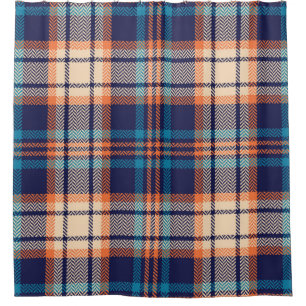 Colorful plaid pattern in blue, orange, beige. Her Shower Curtain