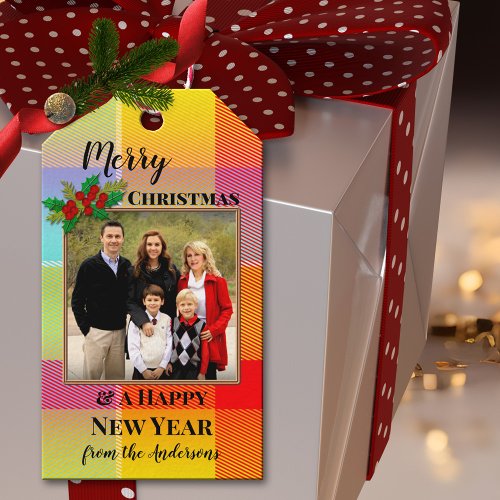 Colorful Plaid Your Photo Merry Christmas Gift Tag