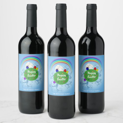 Colorful Planet White Rabbit Happy Easter Wine Label