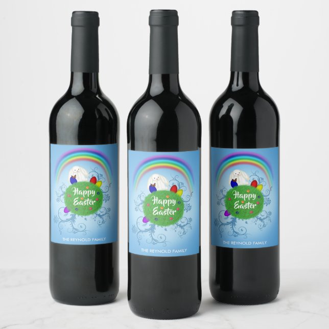Colorful Planet White Rabbit Happy Easter Wine Label (Bottles)