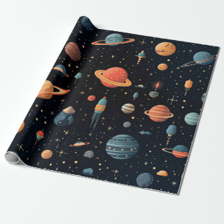 colorful planets and space design. wrapping paper