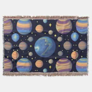 Colorful Planets and Stars in Outer Space Throw Blanket