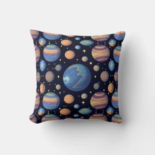 Colorful Planets and Stars in Outer Space Throw Pillow