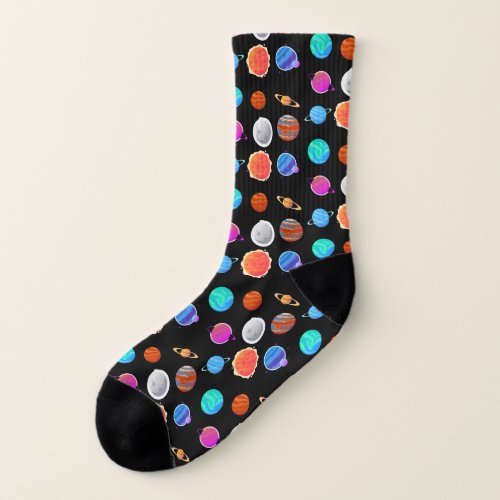 Colorful planets pattern outerspace black socks