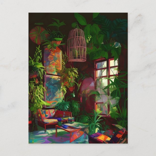 Colorful Plant Filled Boho Living Room Postcard (Front)