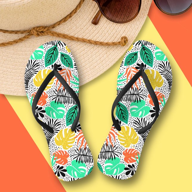 Colorful Plants and Dots Flip Flops (Colorful tropical plants and leaves flip flops)