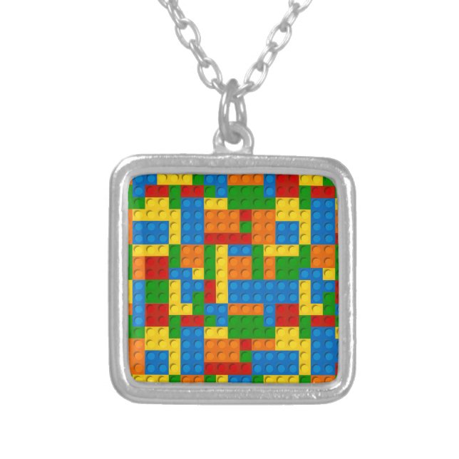 colorful plastic blocks silver plated necklace (Front)